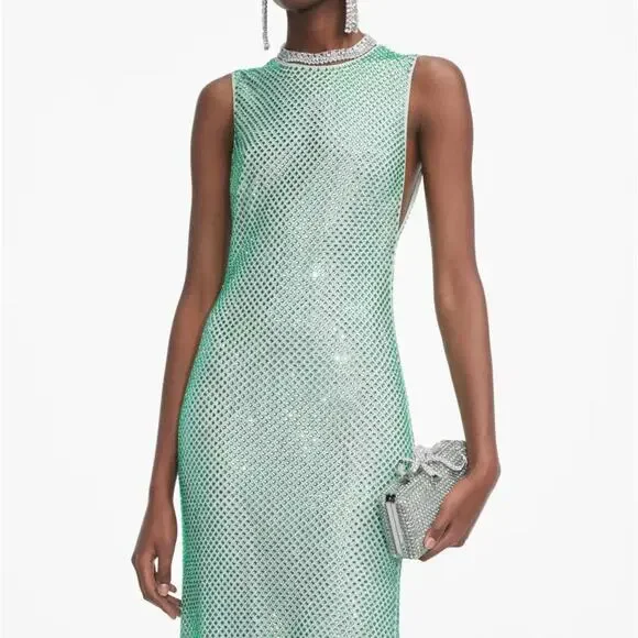 Self Portrait Mint Rhinestone Mesh Midi Dress US 4 - Picture 3 of 6